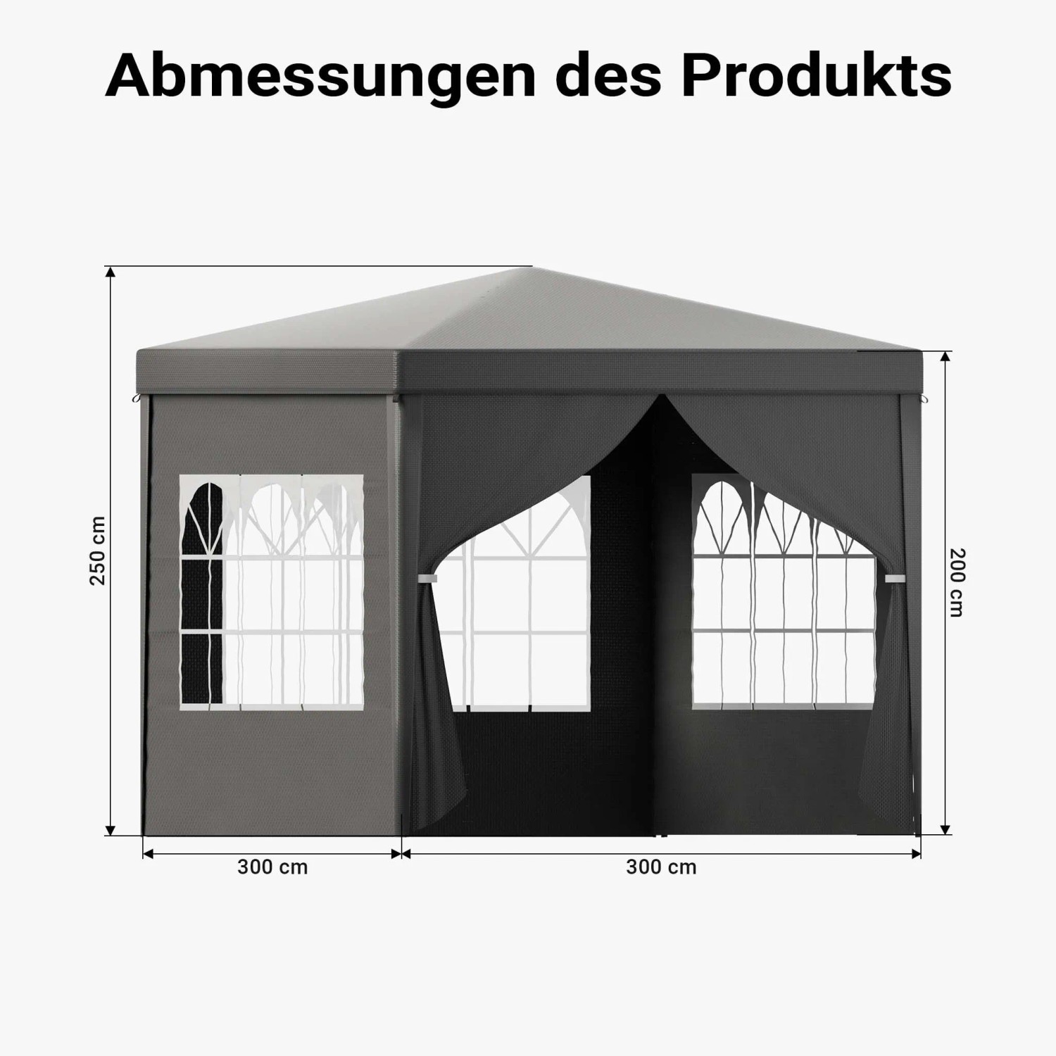 Grauer Pavillon 3x3m mit Seitenwänden und Fenstern, zeigt Produktmaße: 300x300x250/200 cm.