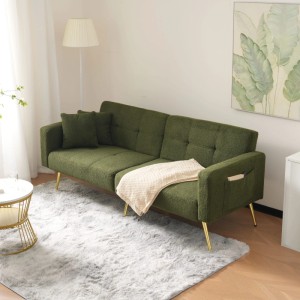 Grünes Merax Schlafsofa mit Bettfunktion, verstellbarer Rückenlehne, Kissen, Seitentaschen und goldenen Beinen.