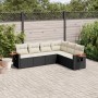 Schwarze 6-tlg. Garten-Sofagarnitur aus Rattan mit cremefarbenen Kissen für Terrasse und Garten.