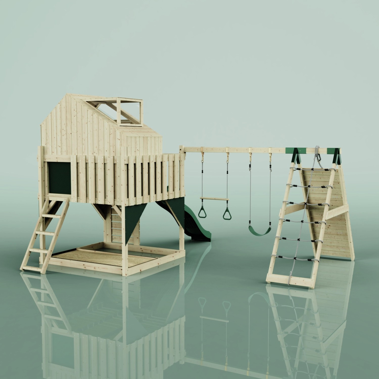 OutdoorToys Spielturm Oscar mit Rutsche, Kletterwand und Trapezschaukel in Dunkelgrün.