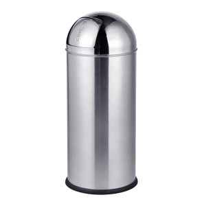 Runder Mülleimer aus glänzendem Edelstahl mit Push-Deckel, 70 Liter, für Küche und Bad.