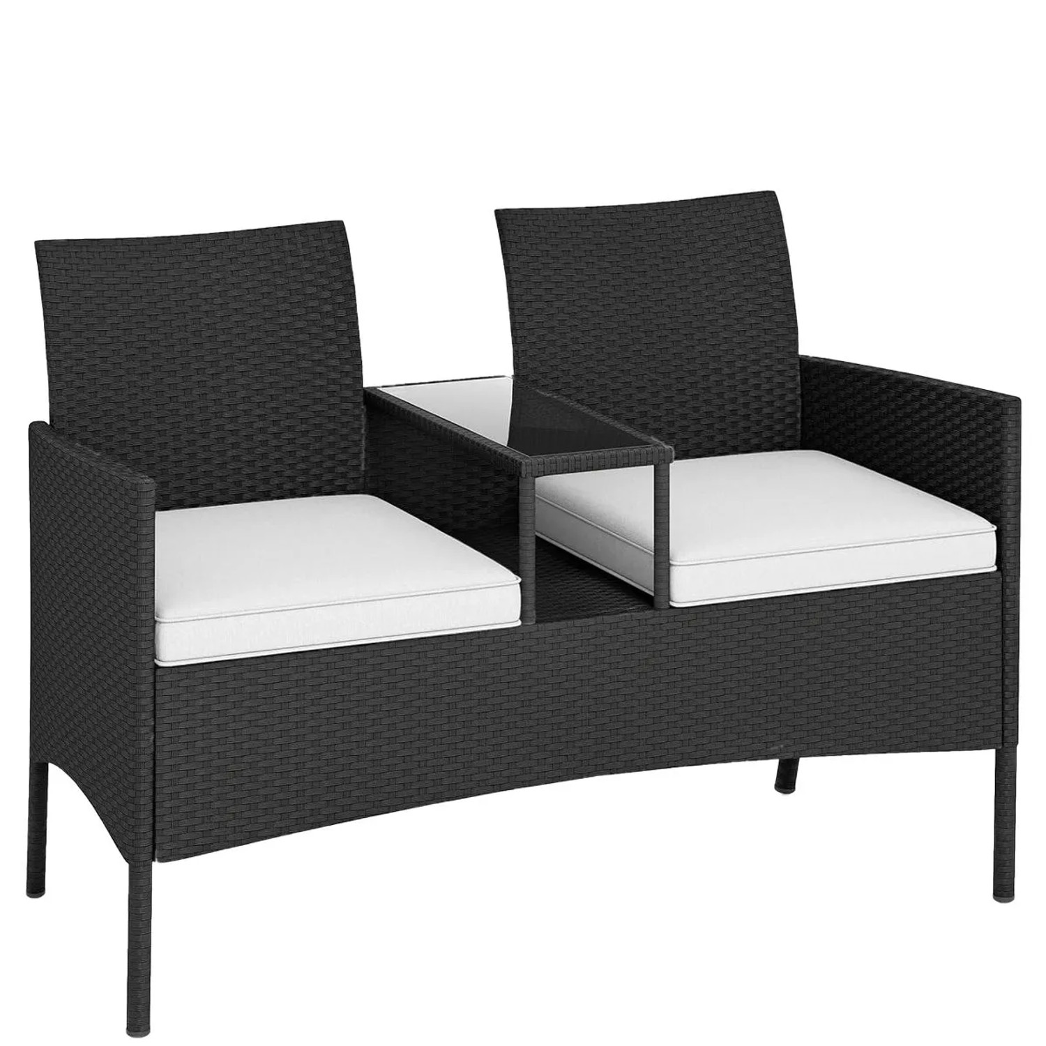 Costway 2-Sitzer Gartenbank mit Tisch Polyrattan Sitzbank Weiß