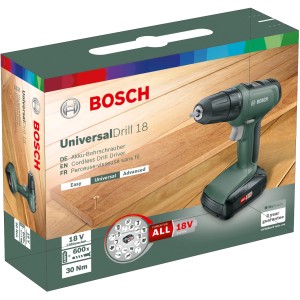 Bosch UniversalDrill 18 Akkuschrauber im Karton, ein vielseitiges Werkzeug für Schraubarbeiten.