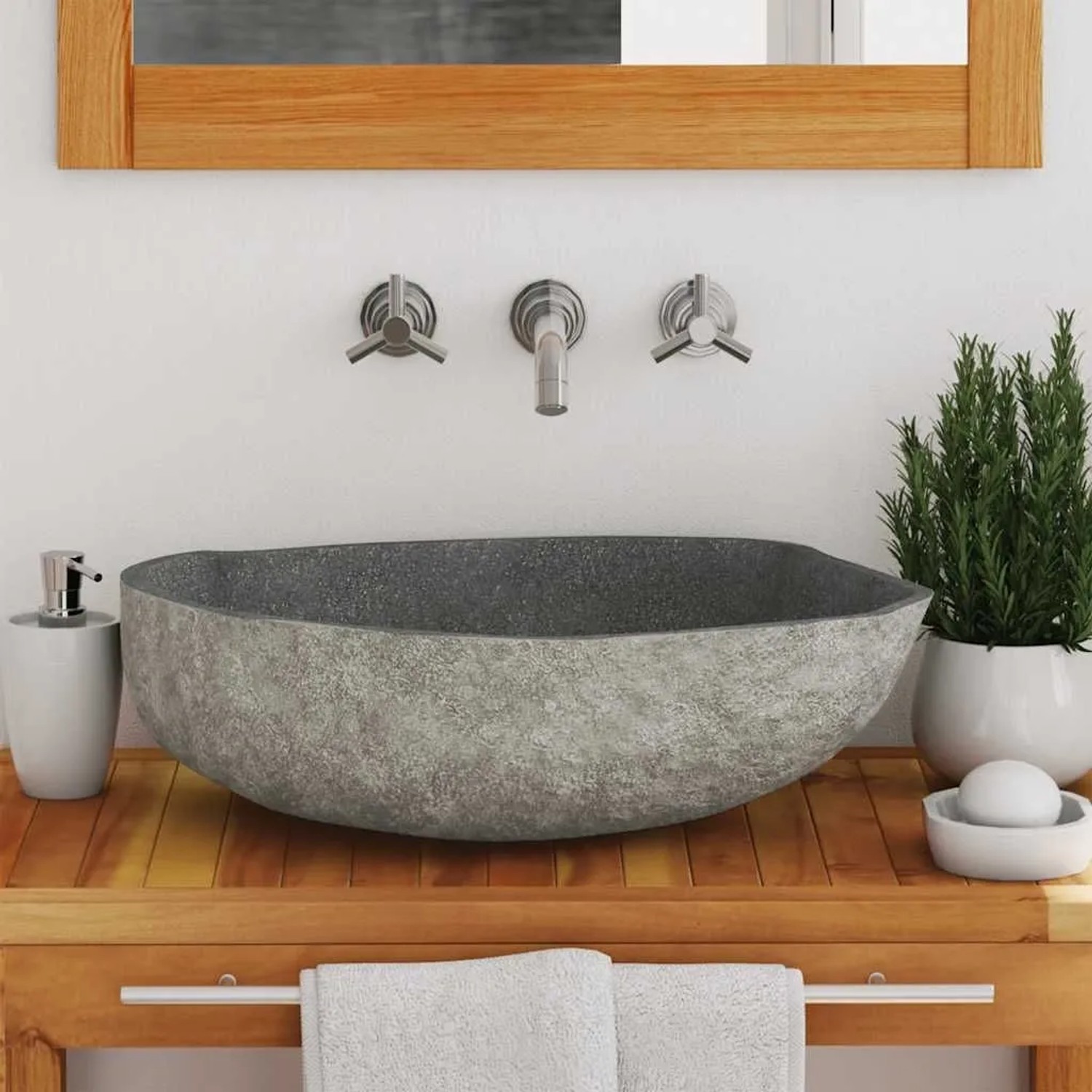DELUKE Naturstein Waschbecken Oval Flussstein Aufsatzwaschbecken Waschschale Waschtisch Handwaschbecken Oval 45-53cm_3