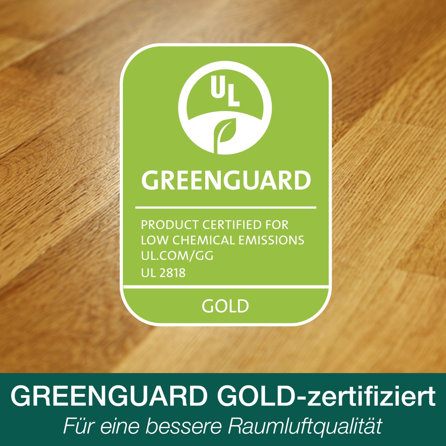 Greenguard Gold Zertifikat für Bona Home Parkettlack Classic, geringe Emissionen, Raumluftqualität.