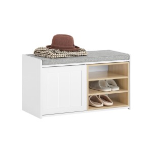 SoBuy Sitzbank FSR109-WN mit Stauraum, weißes Holz, Schuhbank mit Sitzkissen und Schuhen.