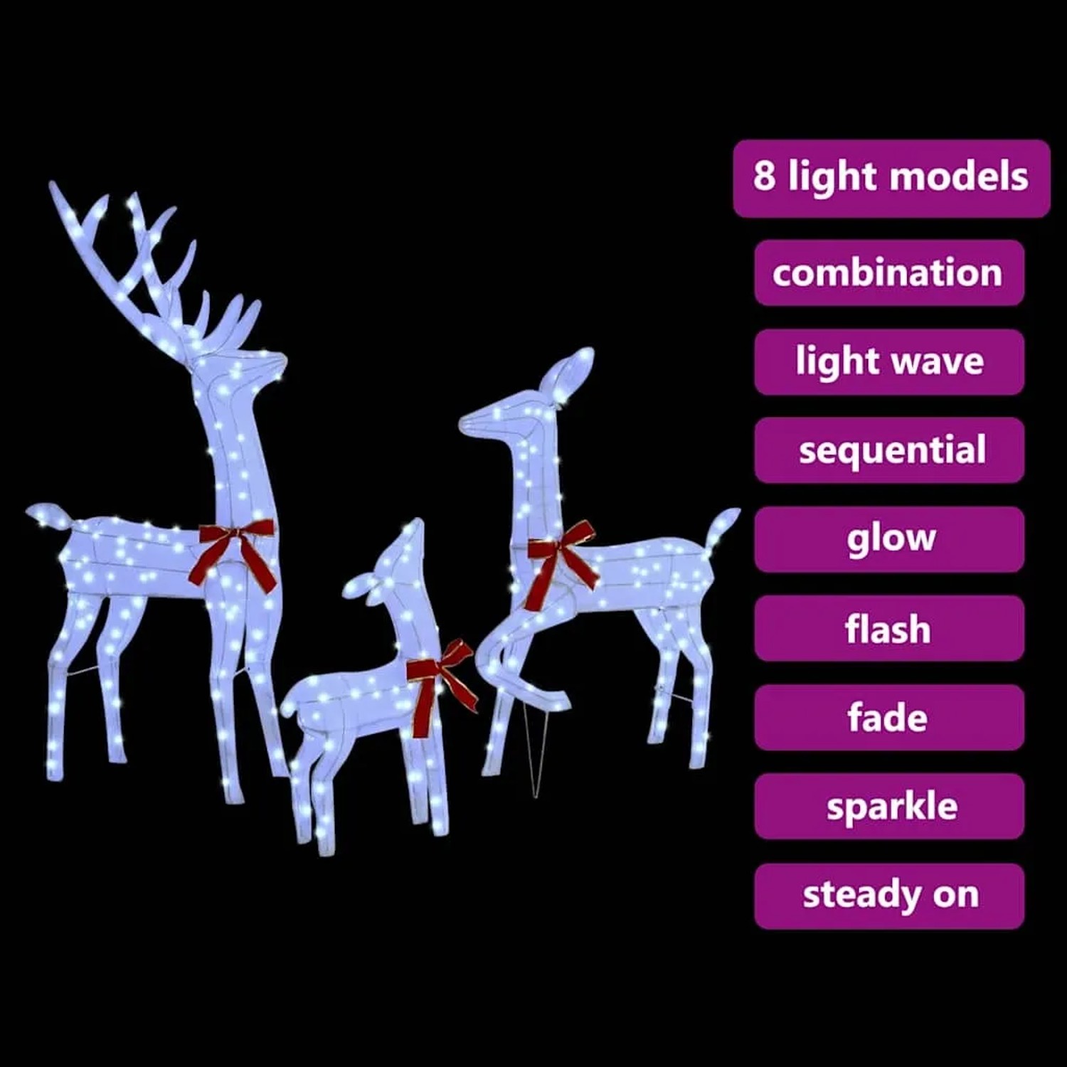 Beleuchtete vidaXL Rentierfamilie aus Stoff mit kaltweißen LEDs und roten Schleifen. 3 Weihnachtsfiguren mit 8 Lichtmodi.
