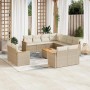Beige 12-tlg. Garten-Sofagarnitur aus Poly Rattan mit Kissen. Gartenmöbel-Set mit Tisch und modularen Sofas.