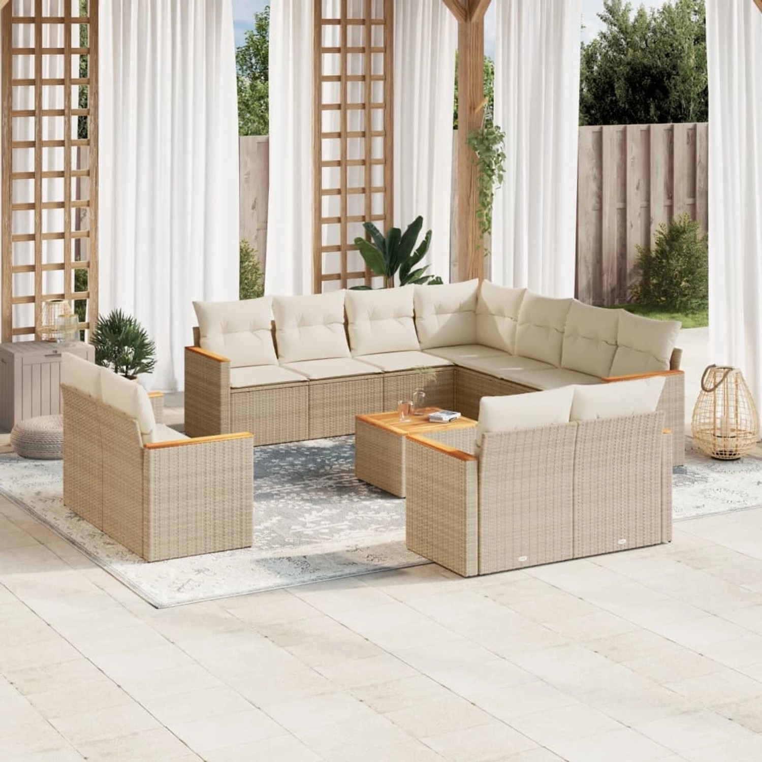 Beige 12-tlg. Garten-Sofagarnitur aus Poly Rattan mit Kissen. Gartenmöbel-Set mit Tisch und modularen Sofas.