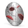 Runde, schwarze Magnettafel mit Motiv roter Schirme in regnerischer Gasse. Wanddekoration, 47cm.