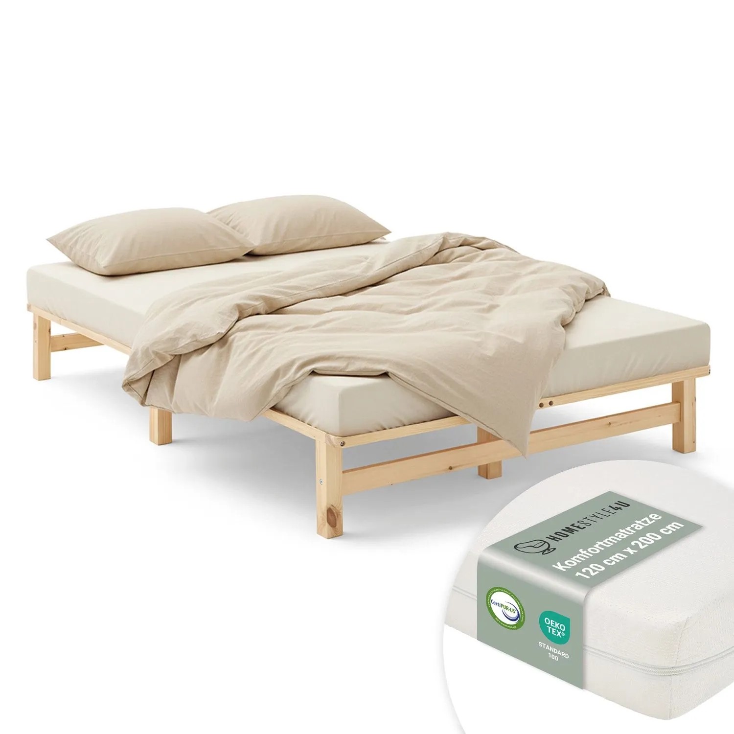 Homestyle4u Holzbett 120x200 cm Matratze Natur Massiv Palettenbett 3165