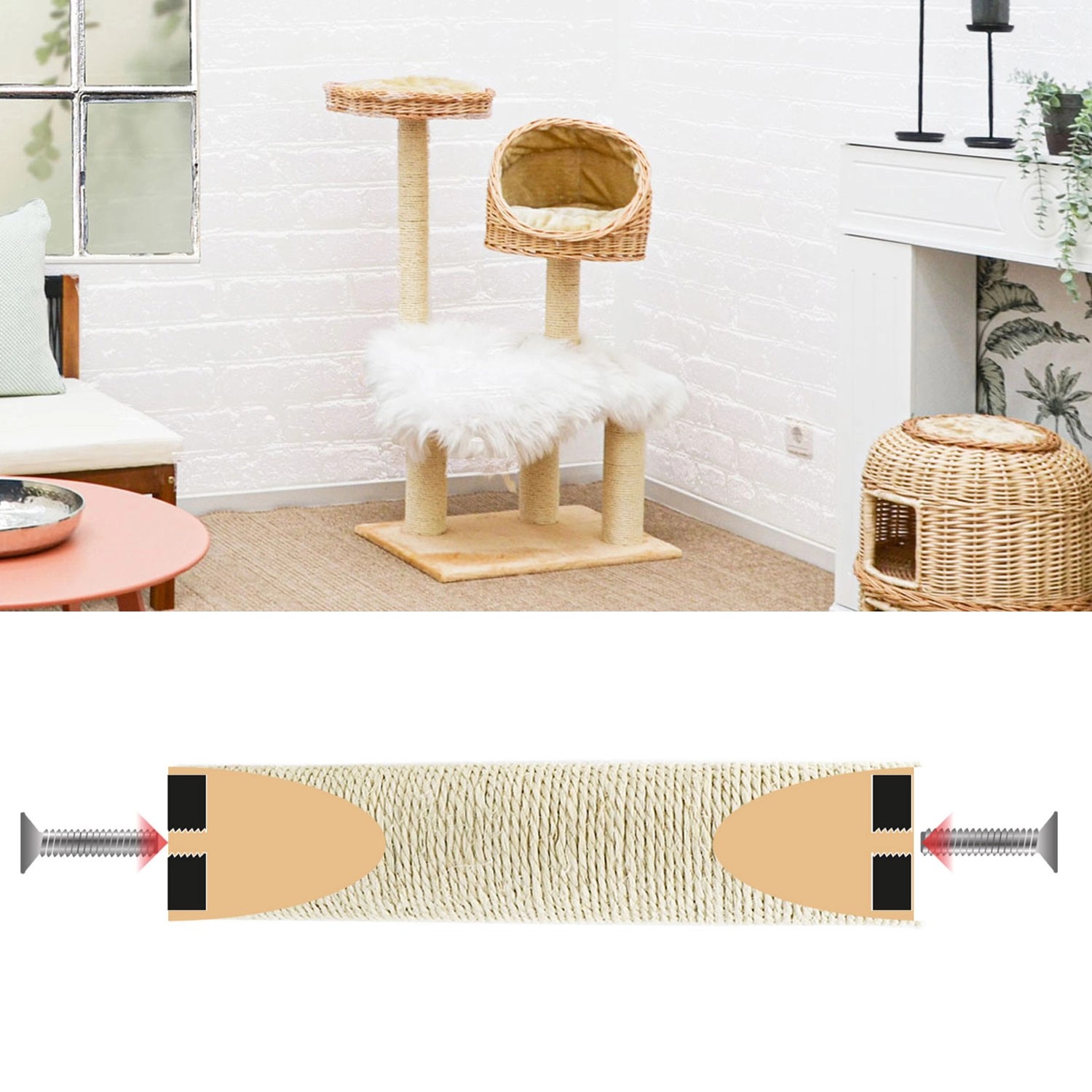 eyepower Sisalstamm 50cm, Ø 7,4cm, M8 Gewinde für Katzenkratzbaum.