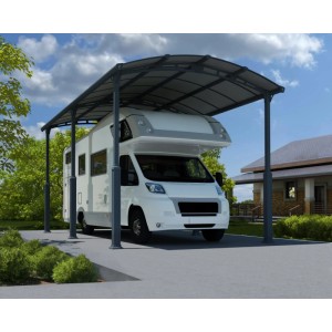 Canopia Carport Arcadia Alpine 6400 in Anthrazit mit Wohnmobil darunter.
