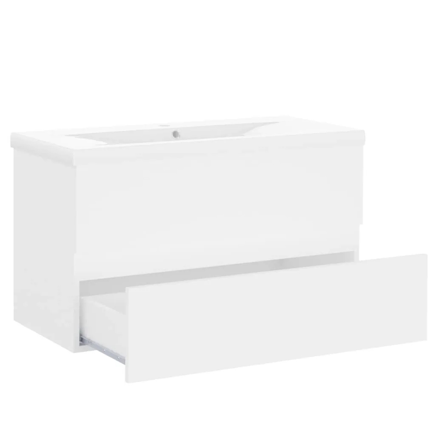 Weißer vidaXL Waschbeckenunterschrank mit integriertem Keramik-Einbaubecken und offener Schublade aus Holzwerkstoff.