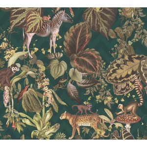 Michalsky Living Vliestapete mit Dschungelmotiv in Grün, Braun und Beige mit Zebra, Affen und Leopard.