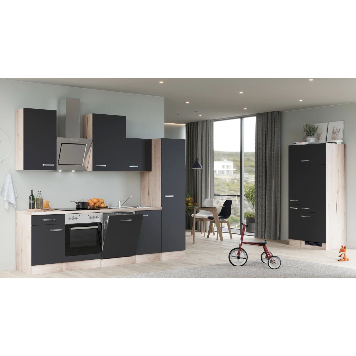 Flex-Well Küchenzeile Lara, 360 cm, Anthrazit/San Remo Eiche, mit E-Geräten und Spüle.