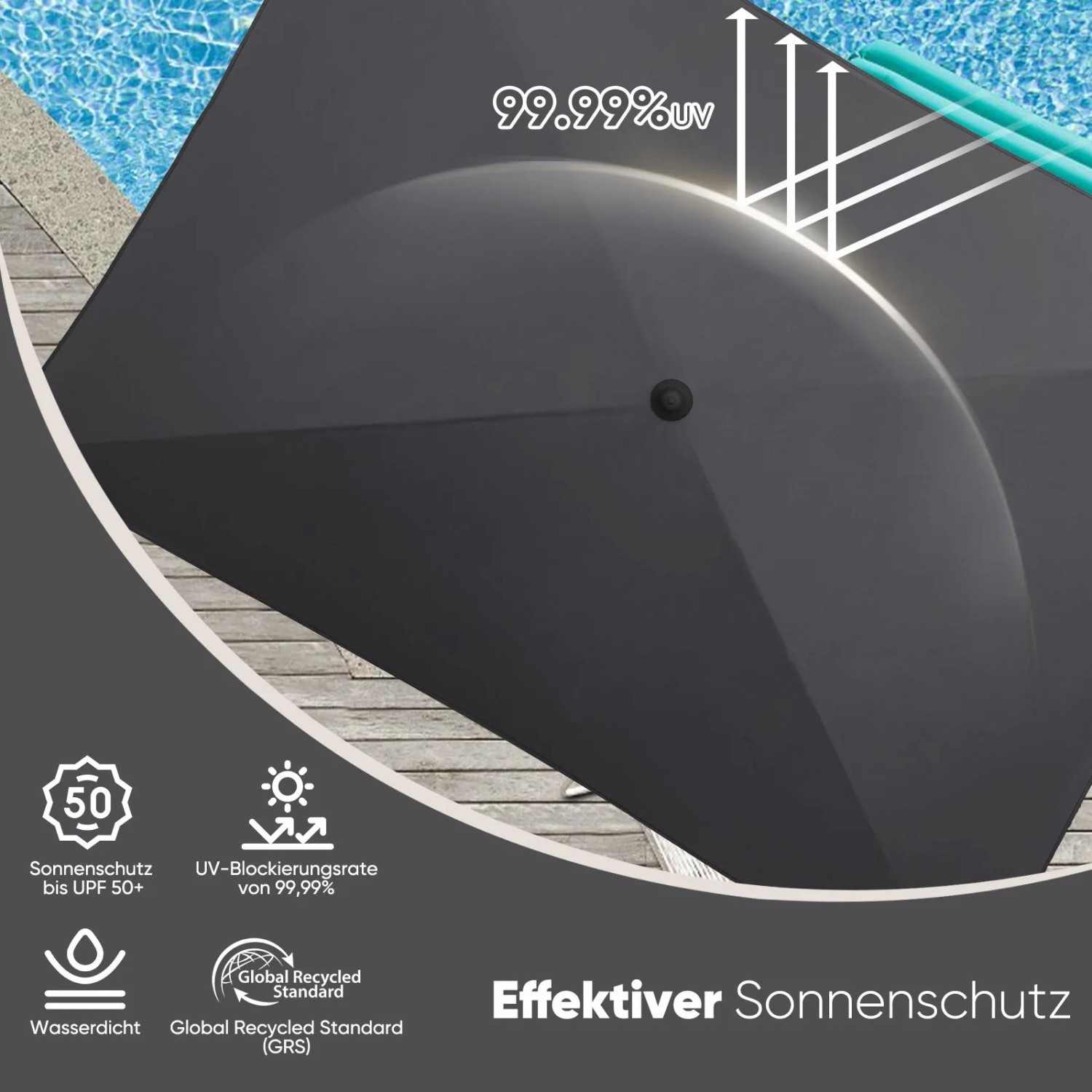 Sekey Sonnenschirm, rechteckig, grauer Stoff mit UV-Schutz, effektiver Sonnenschutz.