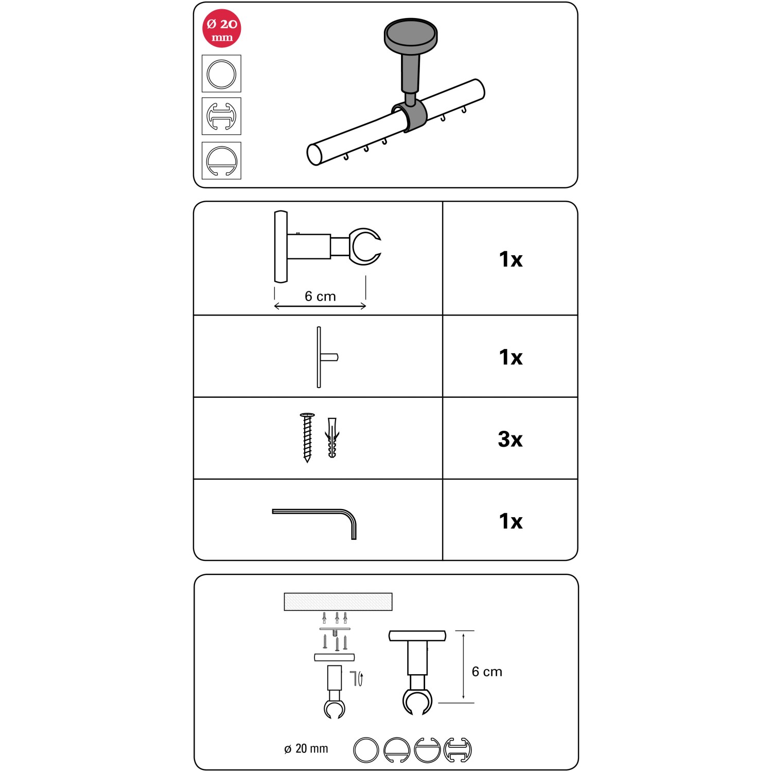 Gardinia Deckenträger Chicago, schwarz, für 20 mm Stangen. Zubehör und Montagematerial inklusive.