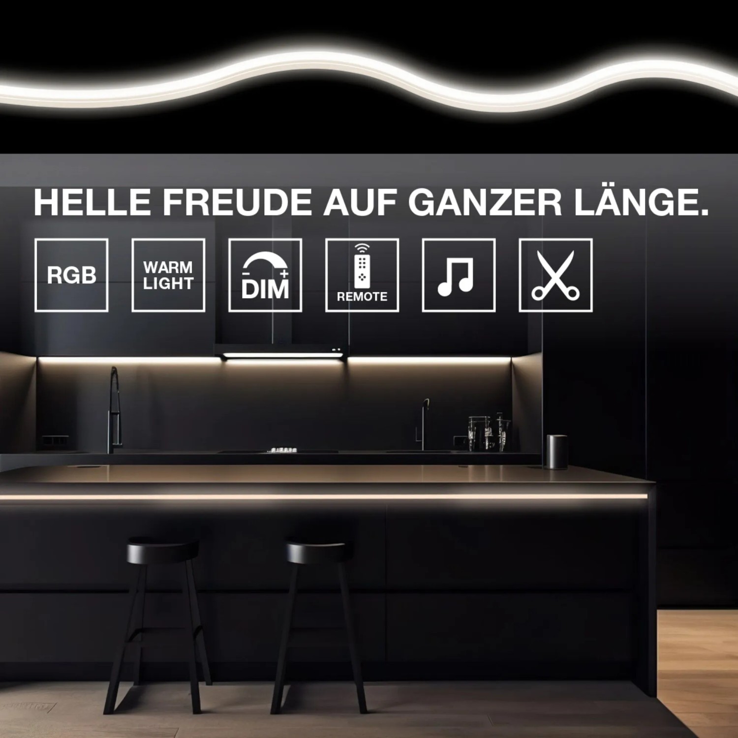 Osram LED-Streifen Flex Audio Voice in moderner Küche, reagiert auf Musik.