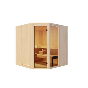 Finntherm Family Sauna aus Naturholz mit Glastür, 194x194 cm, 40 mm Wandstärke.