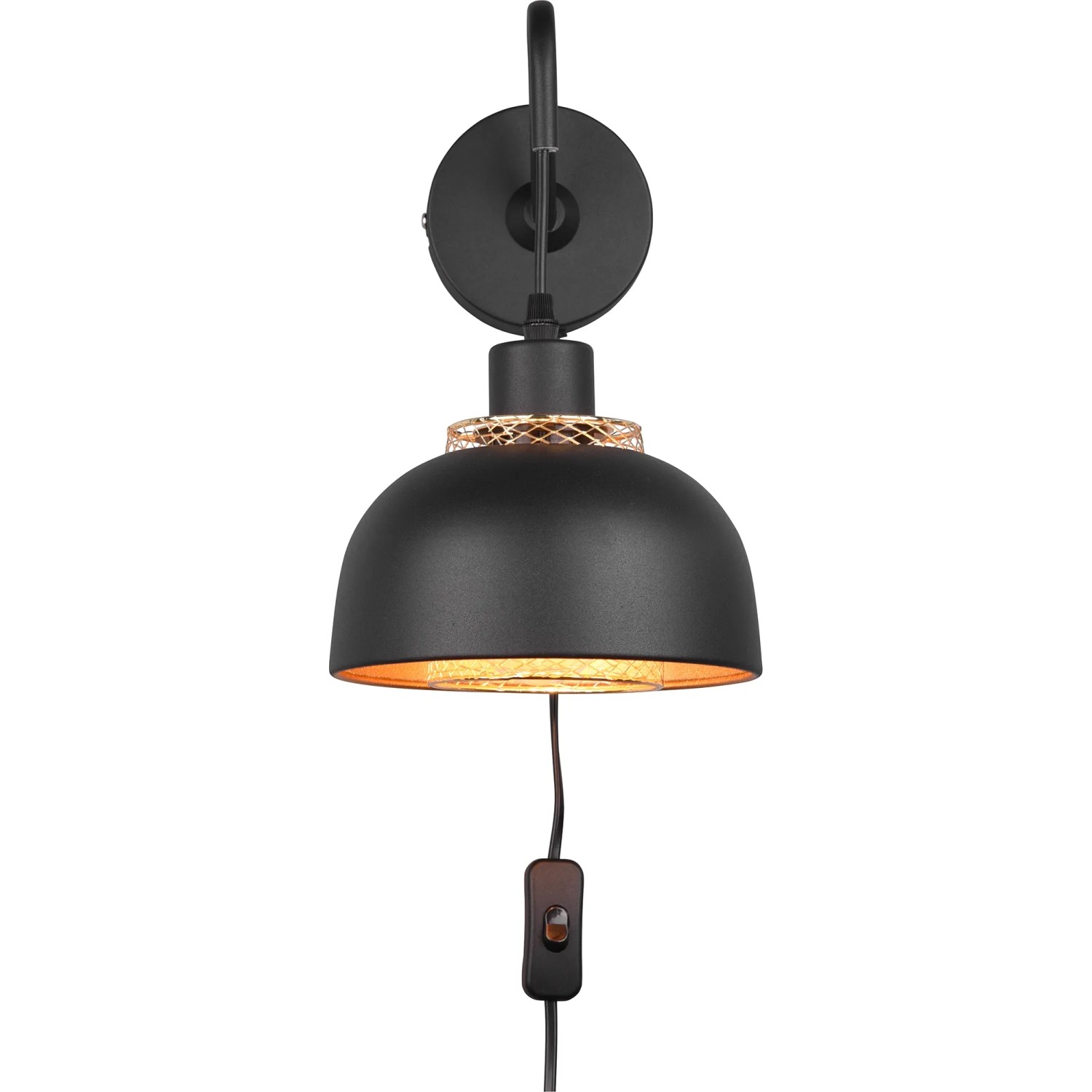 Moderne, mattschwarze Reality Wandleuchte Punch mit goldenem Akzent und Schalter.