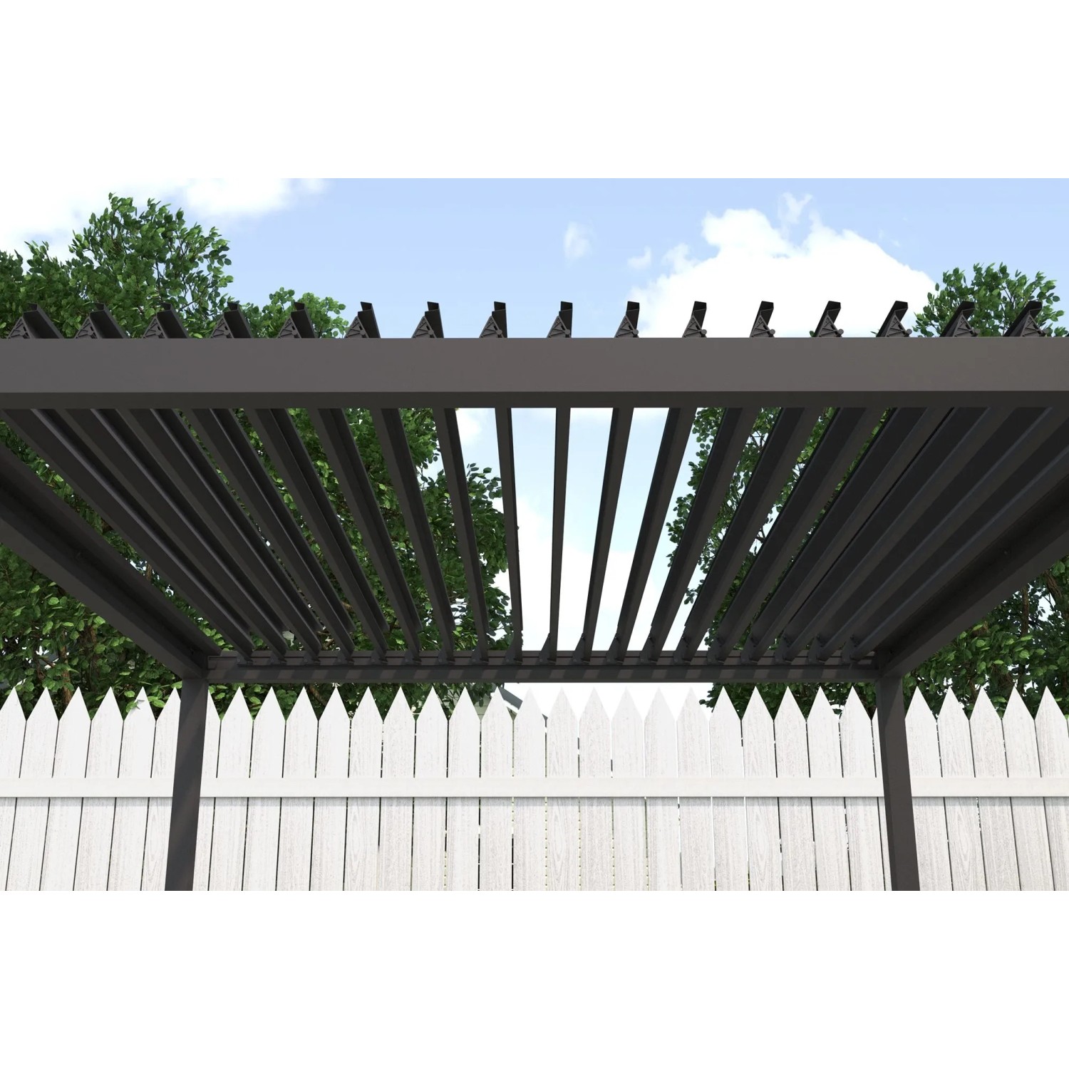 MWH Pergola Origin 88 Anthrazit mit verstellbarem Lamellendach, teilweise geöffnet, im Garten.