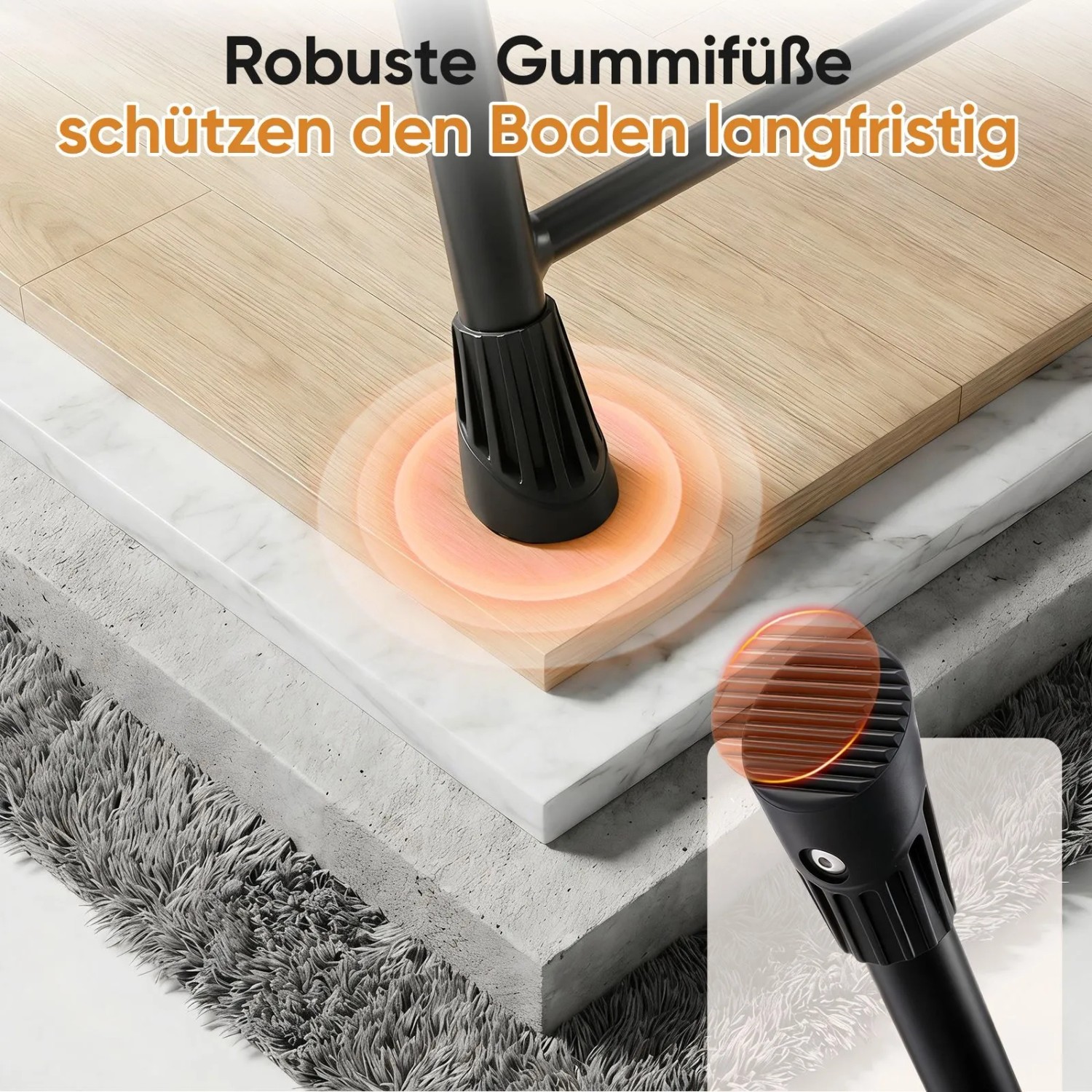 Sekey Klappleiter: Robuste Gummifüße auf Holzboden für Bodenschutz und Rutschfestigkeit.
