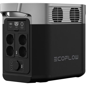 EcoFlow Delta 2 Powerstation mit 1024 Wh LFP Akku, Anschlüssen und Tragegriff.