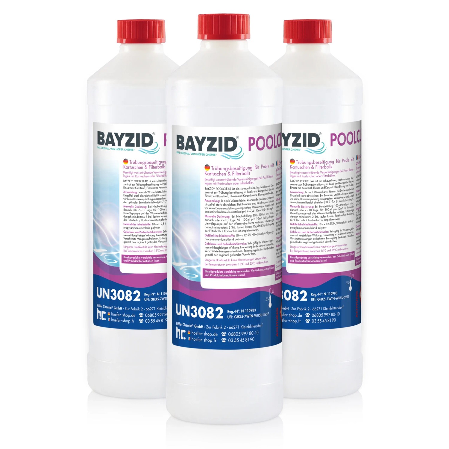 3 Flaschen Bayzid Poolclear Trübungsbeseitigung für Kartuschen & Filterballs.