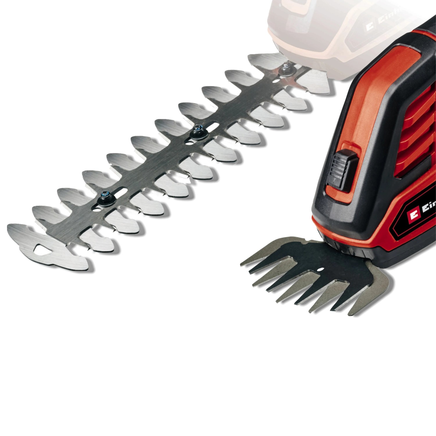 Einhell Akku-Gras- und Strauchschere GE-CG 18/100 Li T-Solo mit Strauch- und Grasschneideblatt.