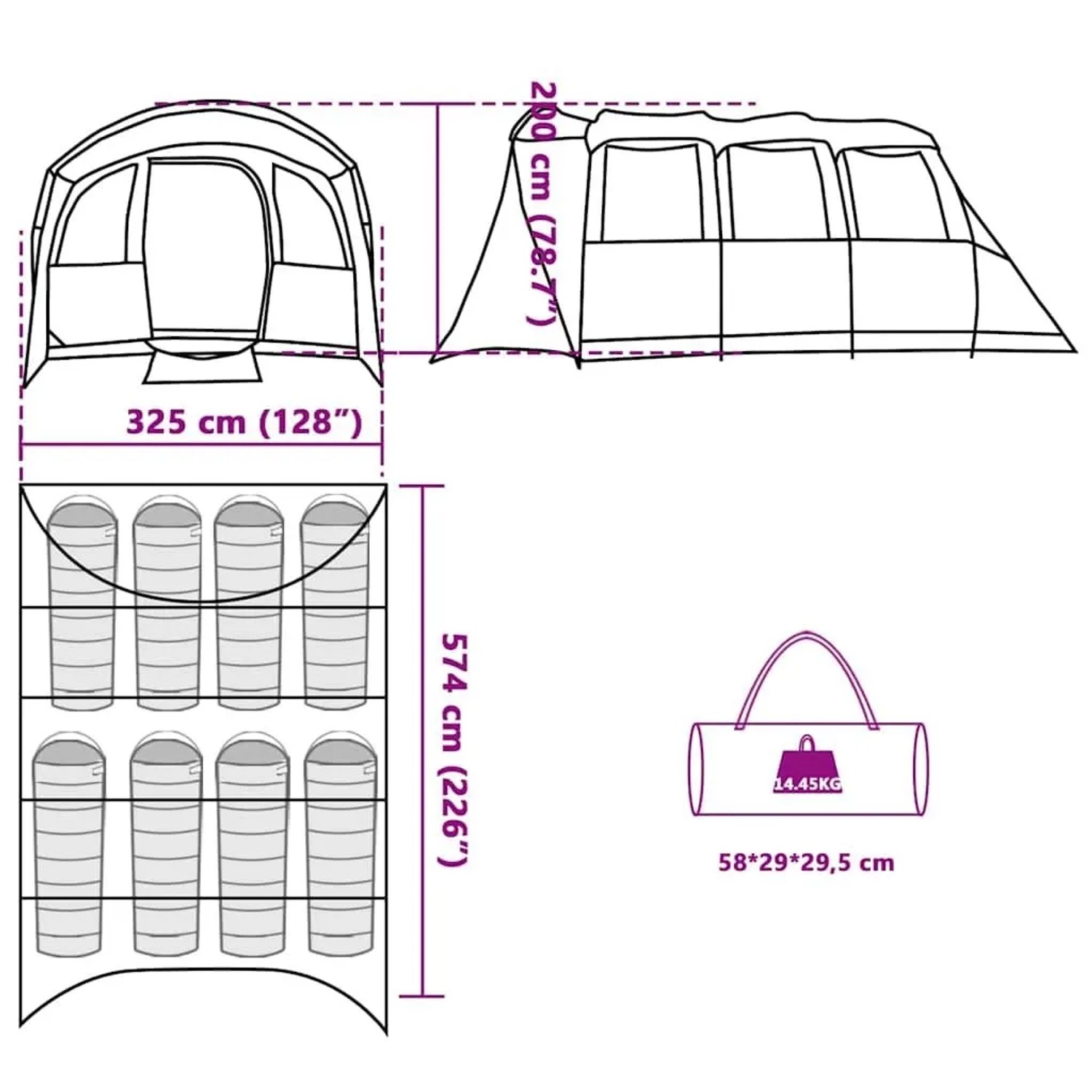 vidaXL Zelt: Technischer Grundriss mit Abmessungen (574x325x200 cm), Kapazität für 10 Personen und Packmaß. Grünes Polyesterzelt.