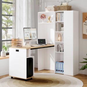Weißer Merax Klappschreibtisch mit Holzplatte, integriertem Regal, USB-Steckdose und PC-Fach. Perfekt für Homeoffice.