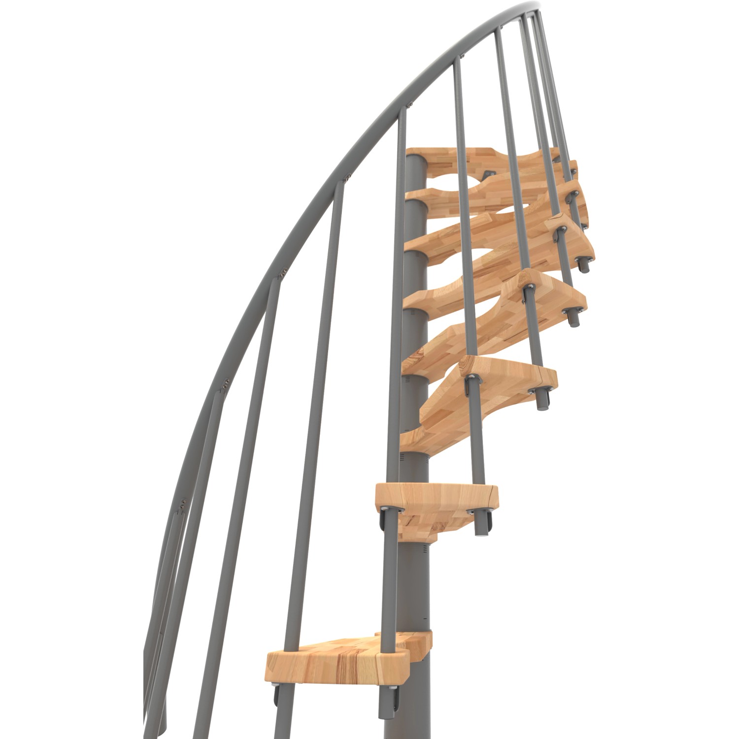 Minka Spindeltreppe Suono Smart, Buche/Grau, platzsparende Innentreppe mit Holzstufen und grauem Metallgeländer.