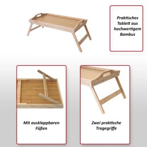 Helles Bambus Tablett MCW B88 mit ausklappbaren Füßen und Tragegriffen. Praktischer Küchenhelfer.