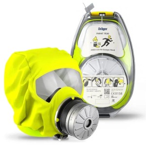 Dräger PARAT 7530 Fluchthaube in Signalgelb mit ABEK CO P3 Filter und transparenter Schutzhülle für Atemschutz.