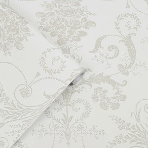 Laura Ashley Vliestapete Josette in Grau & Weiß mit floralem Damastmuster.