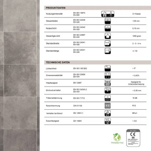 Detailansicht Karat CV Boden Atlantic Zala 997M in Fliesenoptik mit technischen Daten.