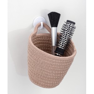 Wenko Aufbewahrungskorb Soria Sand mit Kosmetikpinsel und Rundbürste.