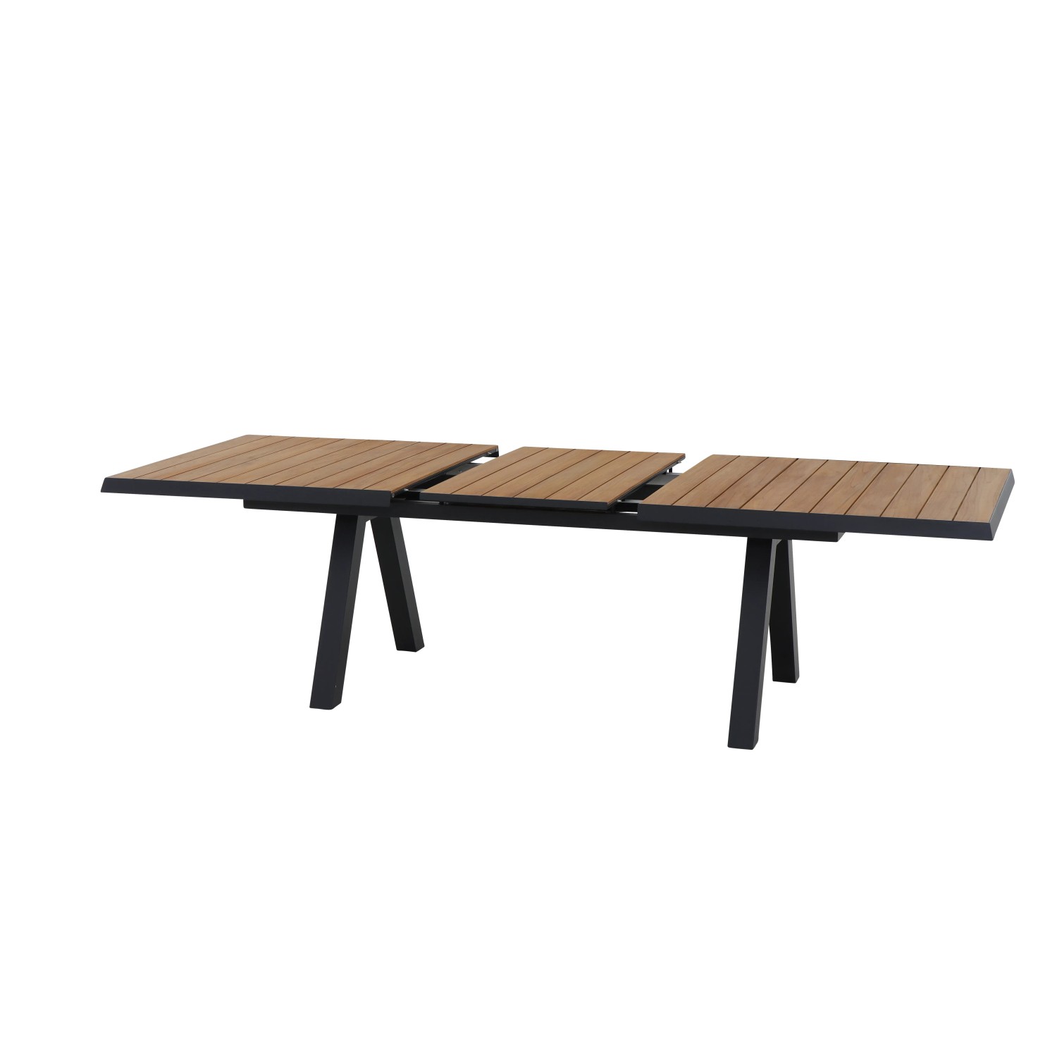 Ausgezogener, rechteckiger Siena Garden Gartentisch Tirana aus Teakholz mit schwarzem Gestell.