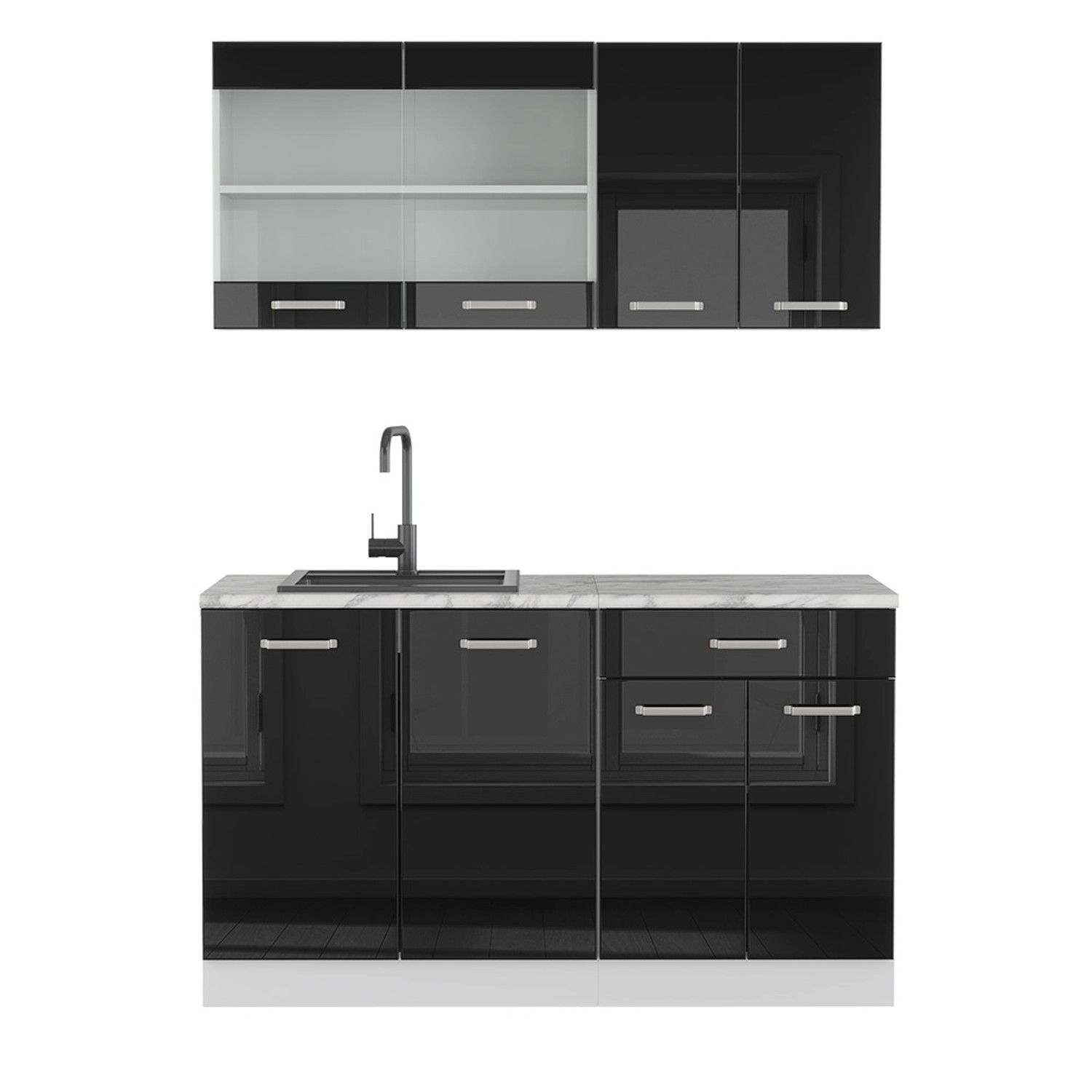 Vicco R-Line Mini-Küche Schwarz Hochglanz 140 cm AP Marmor günstig online kaufen