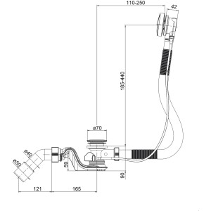 Ottofond Ab- und Überlaufgarnitur für Badewannen, schwarz-matt, Schemazeichnung mit Maßen.