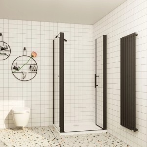 AICA Eckdusche 120x90cm mit schwarzem Rahmen, Pendeltüren aus 6mm ESG Glas und Eckeinstieg im modernen Bad.