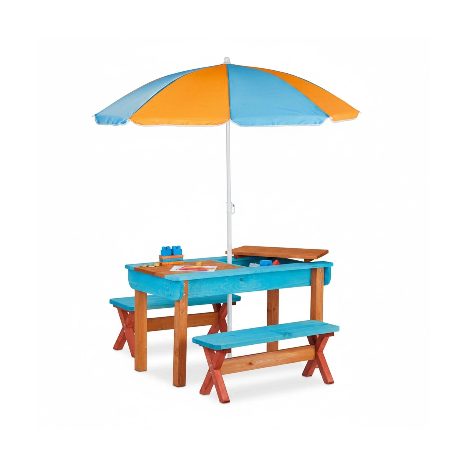 Relaxdays Kindersitzgruppe Holz Orange Blau mit Sonnenschirm Höhenverstellbar 50,5 cm x 90 cm x 49 cm 13,7 kg