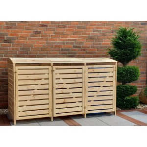 Mülltonnenbox Vario III für 3 Tonnen aus Kiefernholz, naturbelassen.