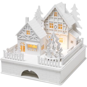 Beleuchtetes, weißes Weihnachtsdorf mit 3 warmweißen LEDs, aus Holz gefertigt.