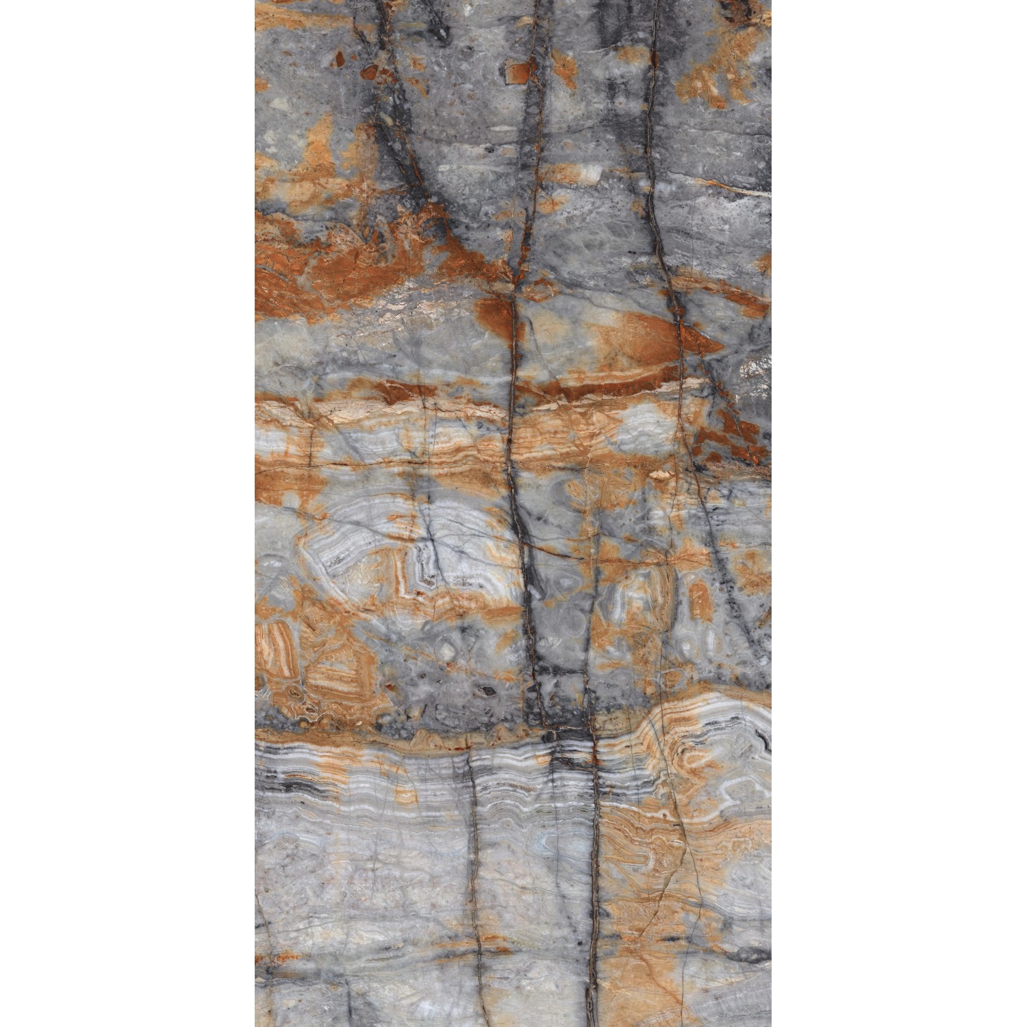 Feinsteinzeug Bodenfliese, 60x120 cm, polierte Steinoptik in Grau-Braun.