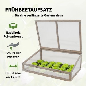 Grauer TRUTZHOLM Frühbeetaufsatz 120x80cm aus Holz für Hochbeete mit geöffnetem Deckel und Salatpflanzen.