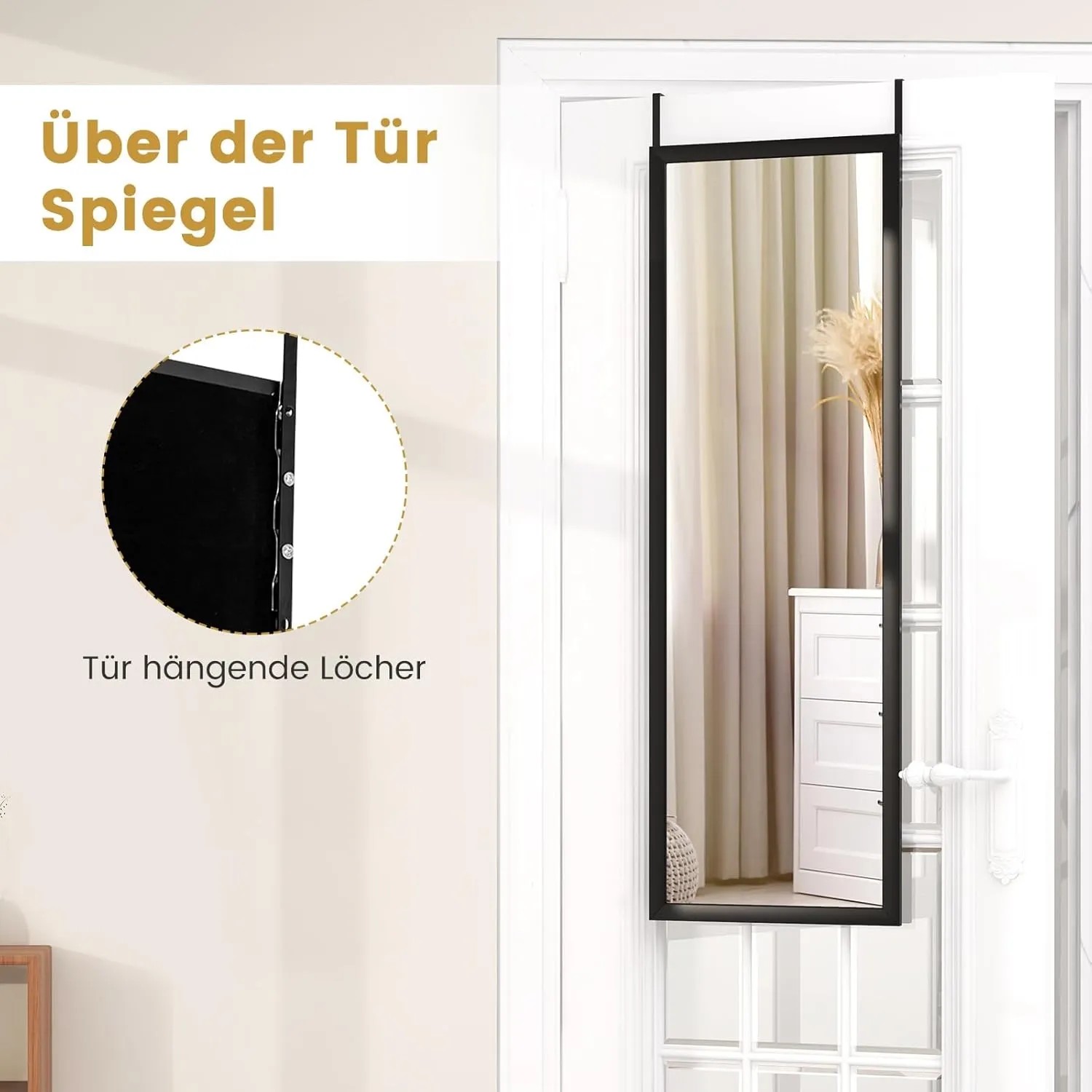 Costway Wandspiegel mit Hängehaken in Schwarz, als Garderobenspiegel an Tür montiert.