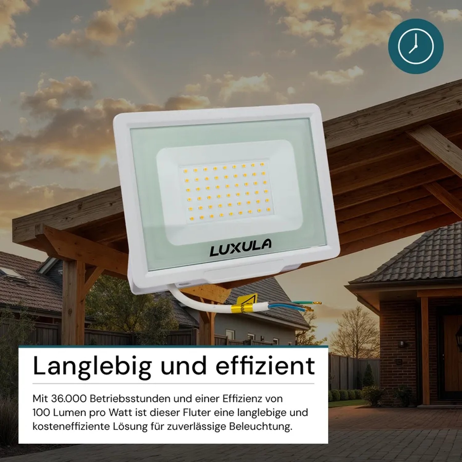 Weißer LUXULA LED Strahler 50W, 5000lm, 3000K, Slim Design, IP65 Außenstrahler.
