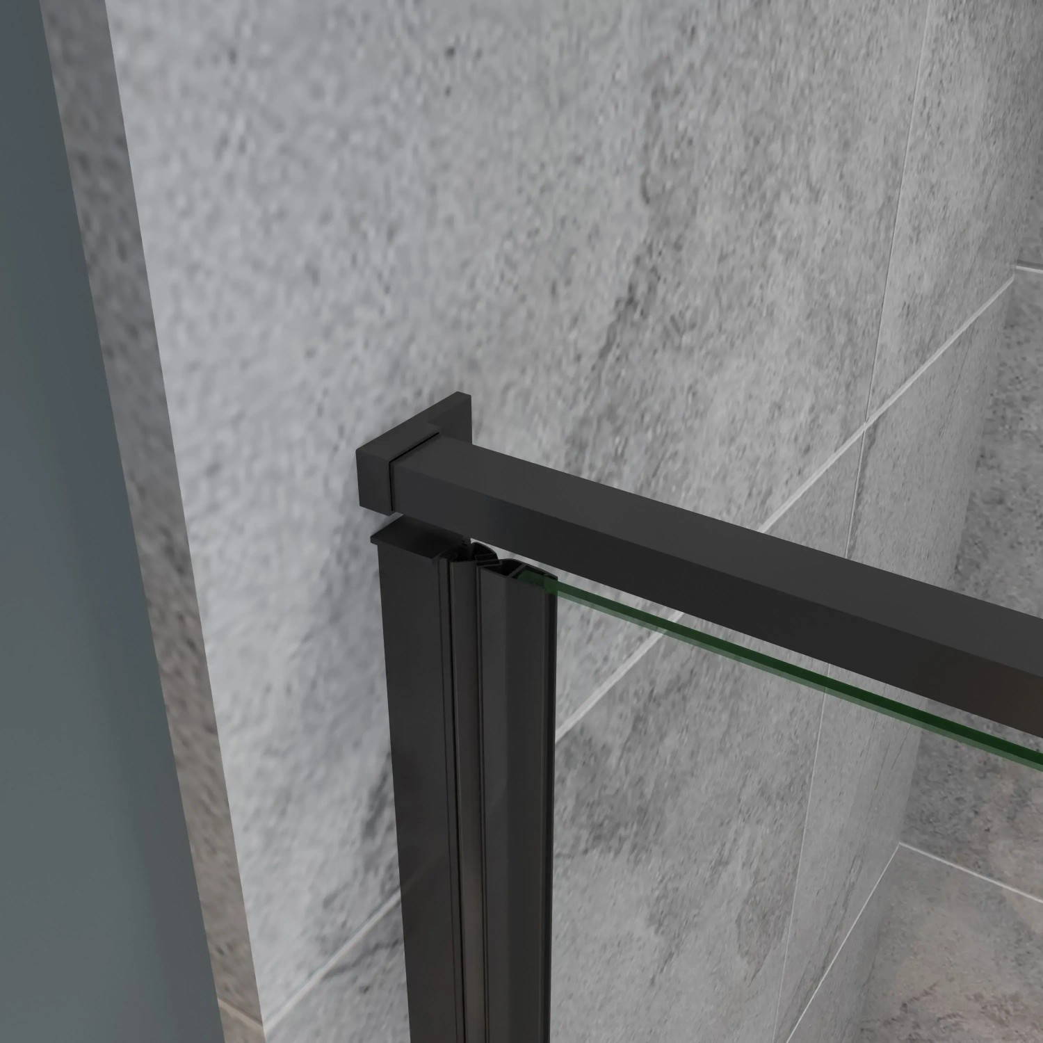 Detailaufnahme: Schwarze AICA Duschkabine mit Drehtür und 6mm Nanoglas Duschwand.